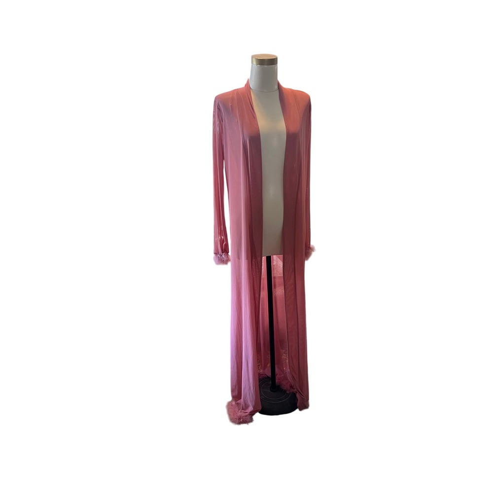 Fashion Nova Duster Cardigan Pink Sheer‎ Mesh Feather Trim Long Sleeve L